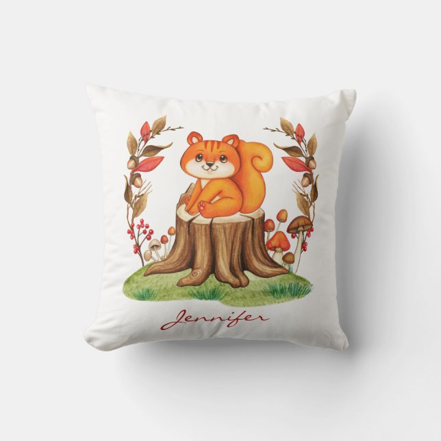 Fall Nursery Decor Cute Baby Squirrel Autumn Throw Pillow (Front)