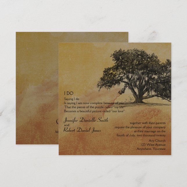 Fall Oak Tree and String Lights Wedding Invitation (Front/Back)