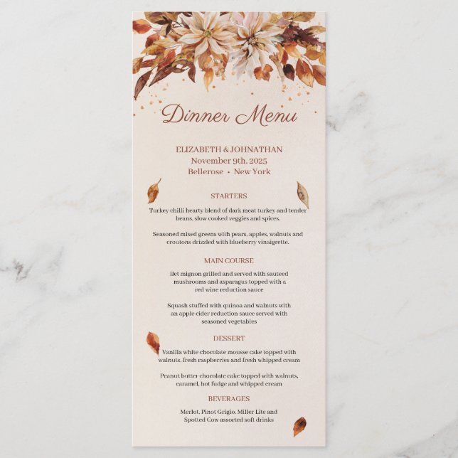 Fall or Autumn Burnt Orange Flowers and Leaves  Menu (Front)