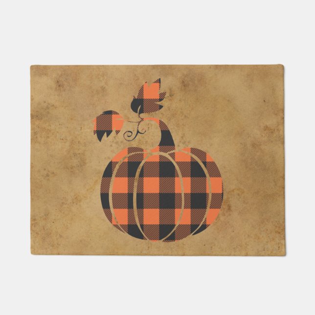 Fall Orange And Black Plaid Autumn Pumpkin Doormat (Front)