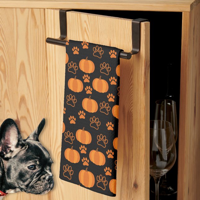 Fall Orange and Black Pumpkins and Paws Halloween  Kitchen Towel (Cute pumpkins and paws black and orange kitchen towel for dog lovers Halloween.)