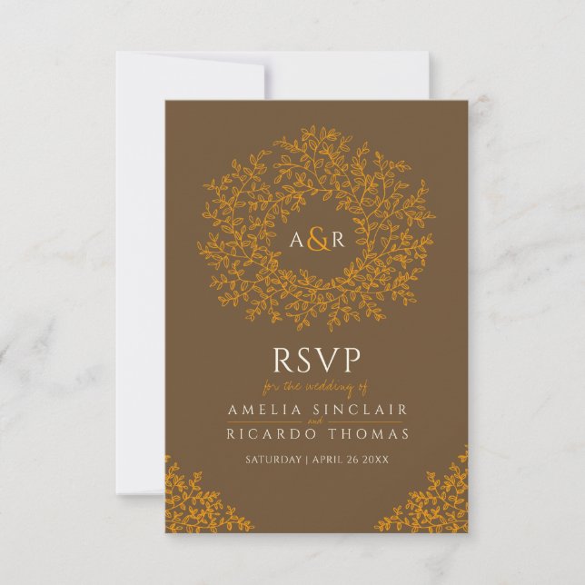 Fall orange brown leaves monogram RSVP wedding Card (Front)