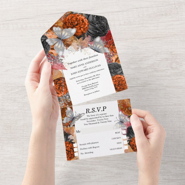 Fall orange butterfly chic shimmer glitter rose   all in one invitation (Tearaway)