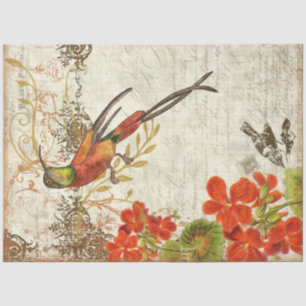 Fall Orange Floral Foliage Bird Script Decoupage Tissue Paper