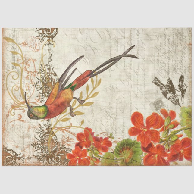Fall Orange Floral Foliage Bird Script Decoupage Tissue Paper (Front)