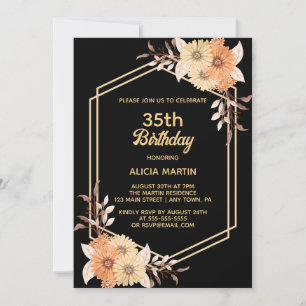 Fall Orange Flower Gold Black Woman Adult Birthday Invitation