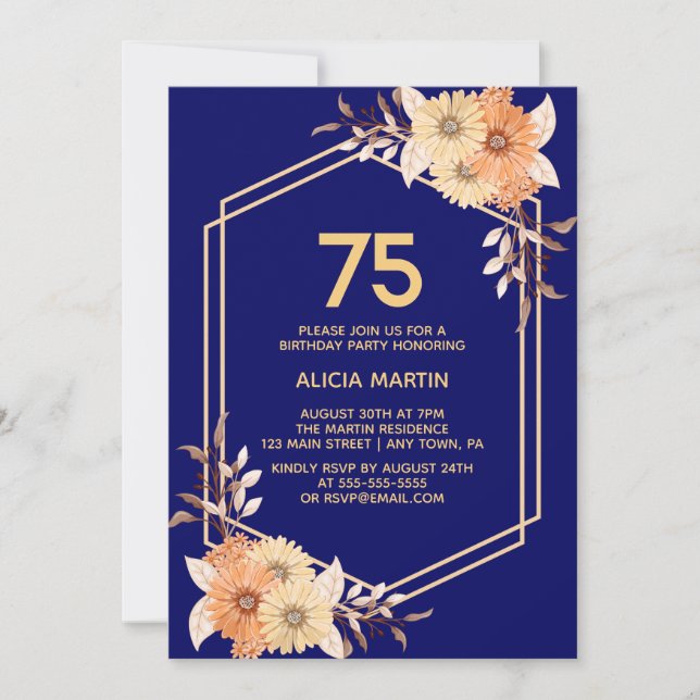 Fall Orange Flower Gold Navy Blue Adult Birthday Invitation (Front)
