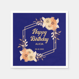 Fall Orange Flower Gold Navy Blue Happy Birthday Napkin