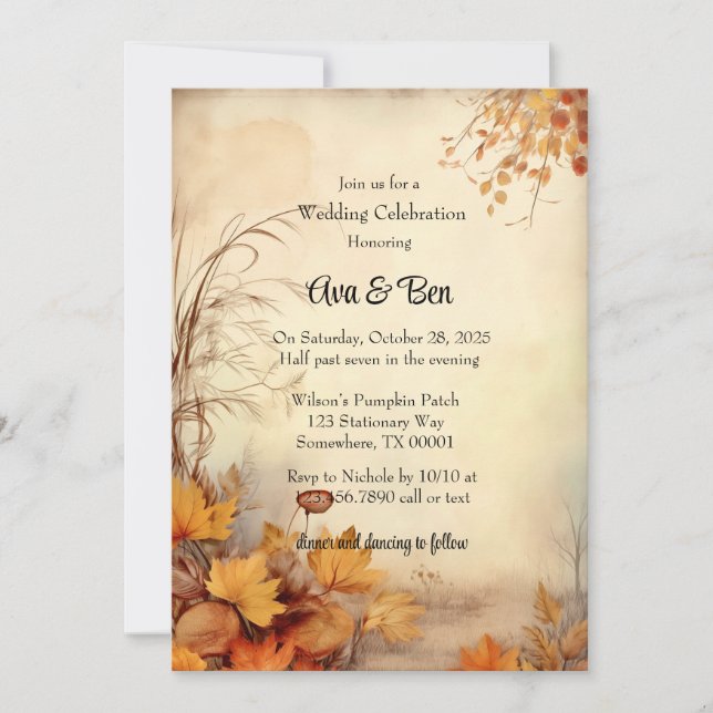 Fall Orange Foliage Rustic Wedding Celebration Invitation (Front)
