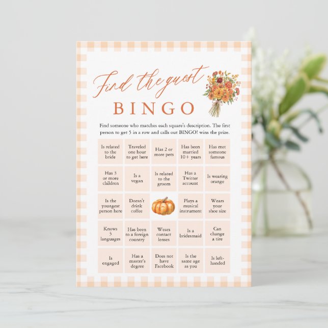 Fall Orange Gingham Find the Guest Bingo Game Invitation (Standing Front)