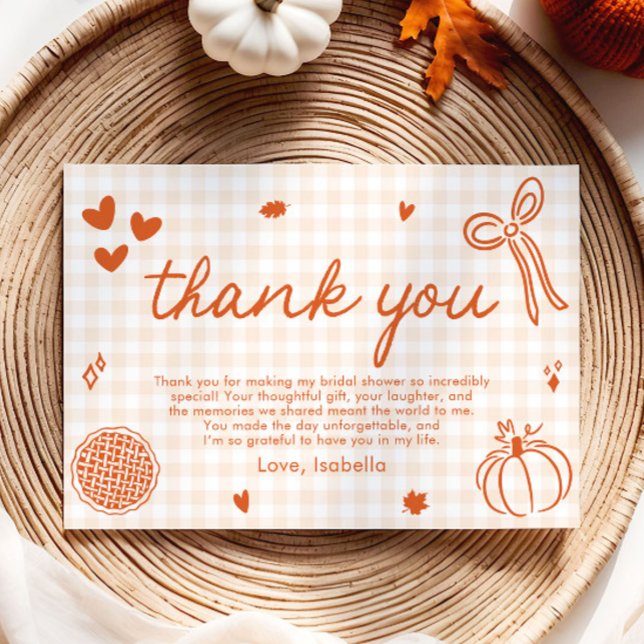 Fall Orange Gingham Hand Drawn Bow Thank you card (Fall Orange Gingham Hand Drawn Bow Thank you card)