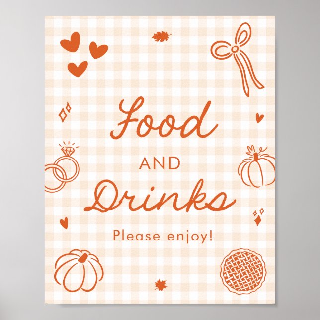 Fall Orange Gingham Hand Drawn Food and Drinks Poster (Front)