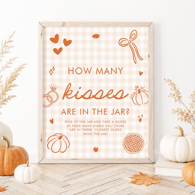 Fall Orange Gingham Hand Drawn How Many Kisses  Poster (Fall Orange Gingham Hand Drawn How Many Kisses Game Sign)