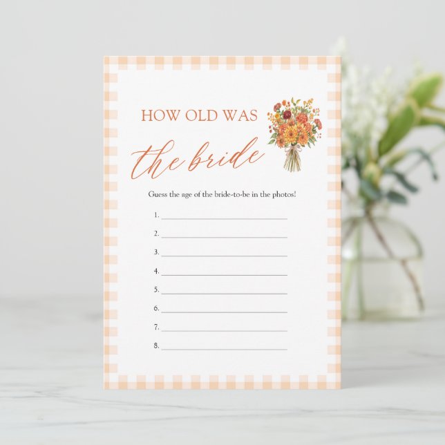 Fall Orange Gingham How Old Was The Bride Game Invitation (Standing Front)