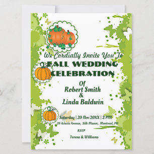 Fall Orange Pumpkin Green Wedding Invitation