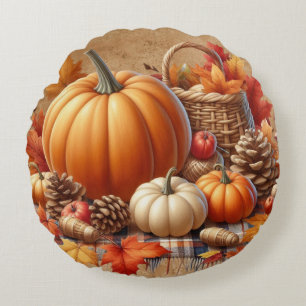 FALL ORANGE PUMPKINS AND BLACK WHITE PLAID PACKAGE ROUND PILLOW