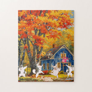 fall orange tree happy dogs cottage forest sunset jigsaw puzzle