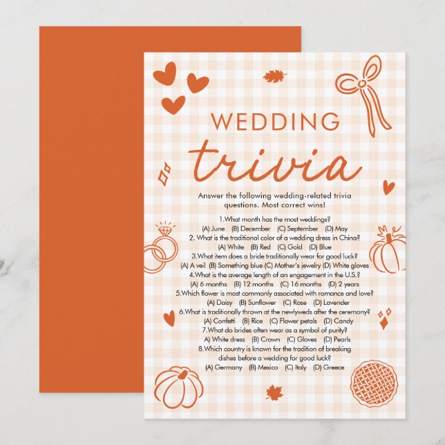 Fall Orange Wedding Trivia Bridal Shower Game Invitation (Front/Back)