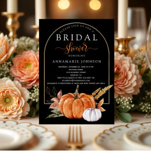 Fall Orange & White Pumpkins Leaves on Black Invitation