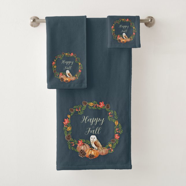 Fall owl and pumpkins with customizable text  bath towel set (Insitu)