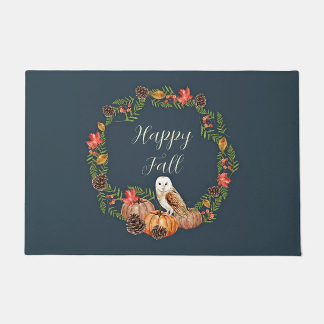 Fall owl and pumpkins with customizable text  doormat (Front)
