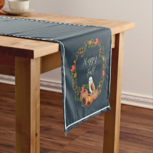 Fall owl and pumpkins with customizable text shor short table runner