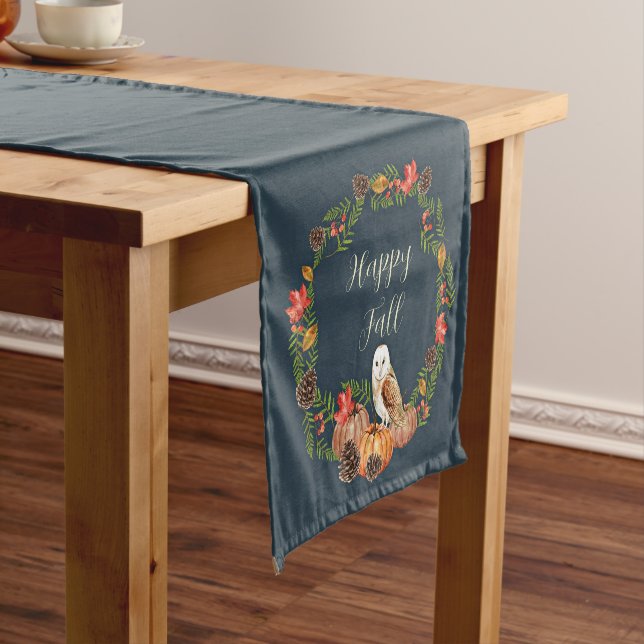 Fall owl and pumpkins with customizable text  short table runner (In Situ)