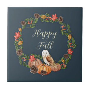 Fall owl and pumpkins with customizable text  tile