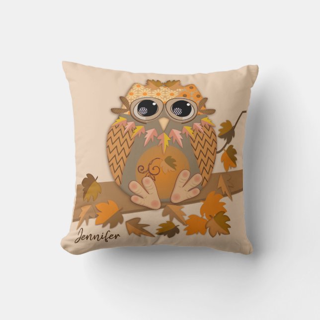 Fall owl with custom name throw pillow (Front)