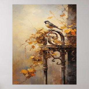 Fall Painting of a Bird on a Fence Poster
