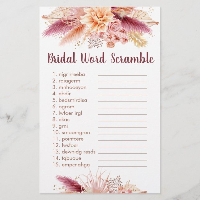 Fall Pampas Grass Boho Bridal Word Scramble Game (Front)