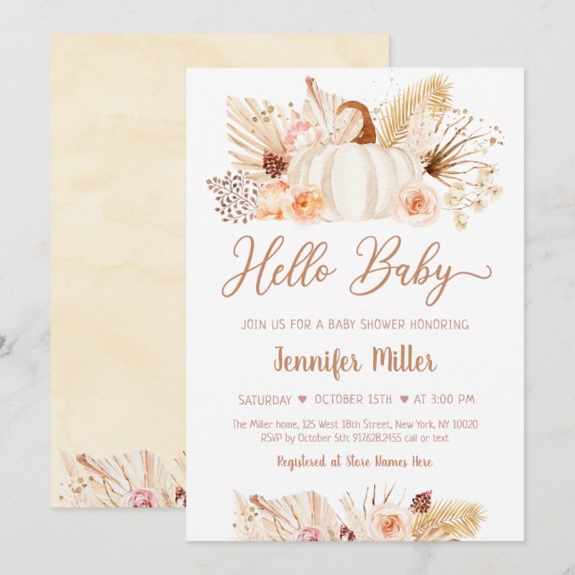 Fall Pampas Grass Pumpkin Baby Shower Invitation (Front/Back)