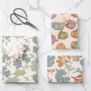 Fall Pastel Foliage & Pumpkin Pattern Wrapping Paper Sheet