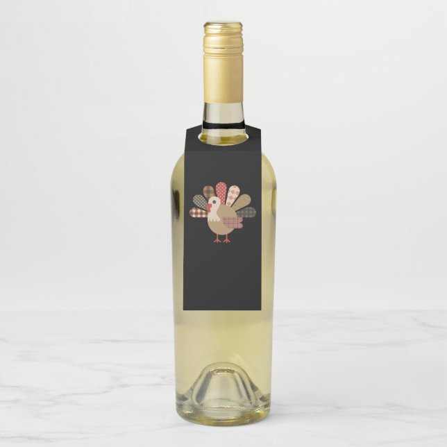 Fall Patchwork QuiltedTurkey Thanksgiving Bottle Tag (On Bottle)