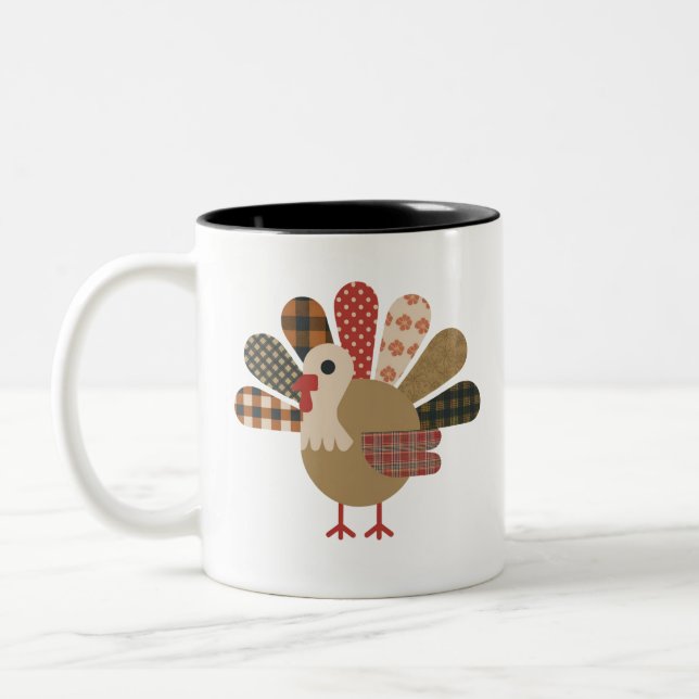 Fall Patchwork QuiltedTurkey Thanksgiving Two-Tone Coffee Mug (Left)