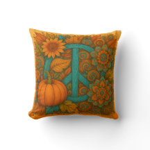 Fall Peace Sign Pumpkins Turquoise & Orange Pillow