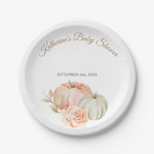 Fall Peach and Green Pumpkin Rustic Floral Paper Plate
