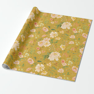 Fall Peach Flower Watercolor on Ceylon Yellow Back Wrapping Paper