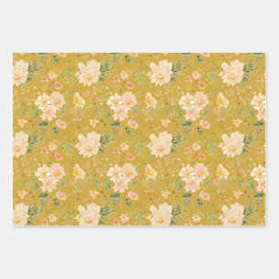 Fall Peach Flower Watercolor on Ceylon Yellow  Wrapping Paper Sheet