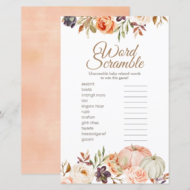 Fall Peach Pumpkin Rustic Word Scramble (Front/Back)