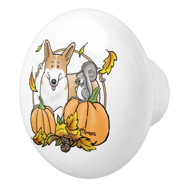 Fall Pembroke Welsh Corgi (red 1) Pumpkins Cute Ceramic Knob (Right)
