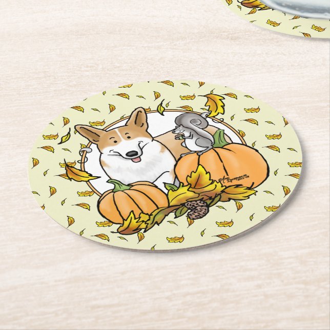 Fall Pembroke Welsh Corgi (red 1) Pumpkins Cute Round Paper Coaster (Angled)
