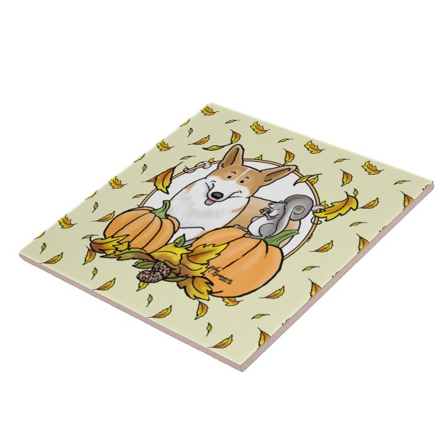Fall Pembroke Welsh Corgi (red 1) Pumpkins Cute Tile (Side)