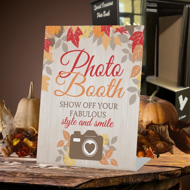 Fall Photo Booth Bridal Shower or Wedding Pedestal Sign (Fall Photo Booth Standing Pedestal Sign for Wedding or Bridal Showers. Fall leaves on washed wood)
