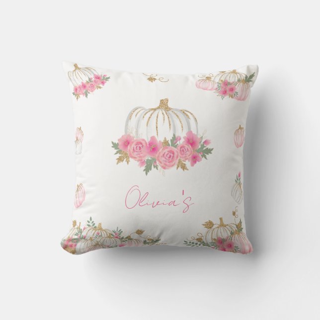 Fall Pink and Gold Pumpkin Floral Decorative  Throw Pillow (Front)