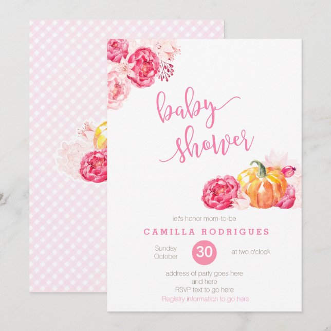 fall pink baby shower invite, script font pumpkins invitation (Front/Back)