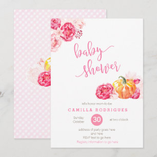 fall pink baby shower invite, script font pumpkins invitation