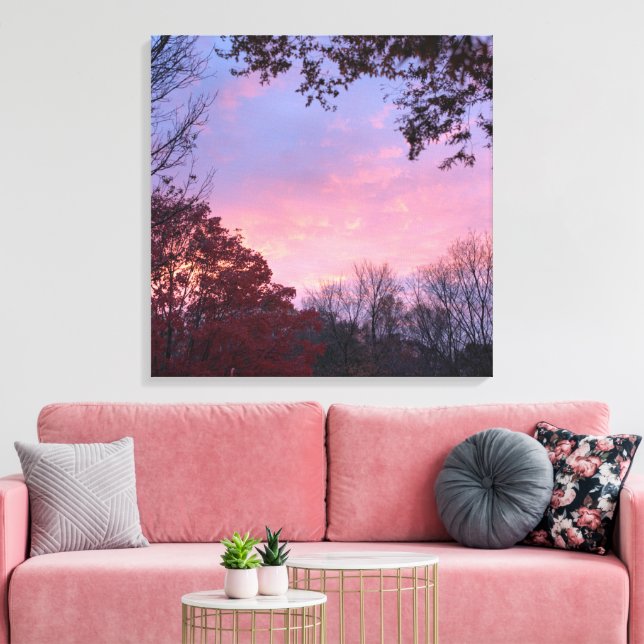Fall Pink, Blue, Yellow Sunset Over Trees Canvas Print (Insitu(LivingRoom))