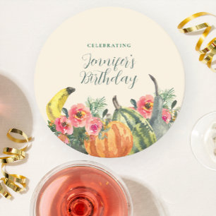 Fall Pink Floral Colorful Pumpkins Birthday Party Round Paper Coaster