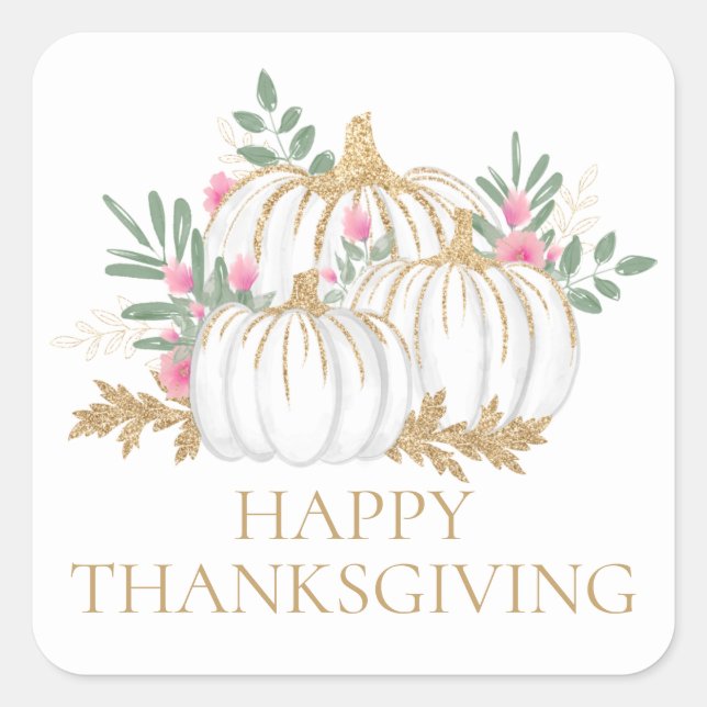 Fall Pink Floral Gold Glitter Pumpkin Thanksgiving Square Sticker (Front)